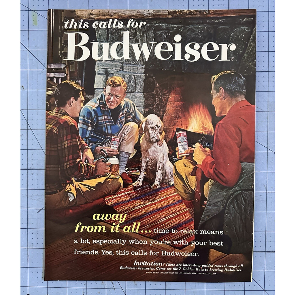 1962 Print Ad Budweiser Beer Cans Men Drinking around Fireplace Spaniel Dog